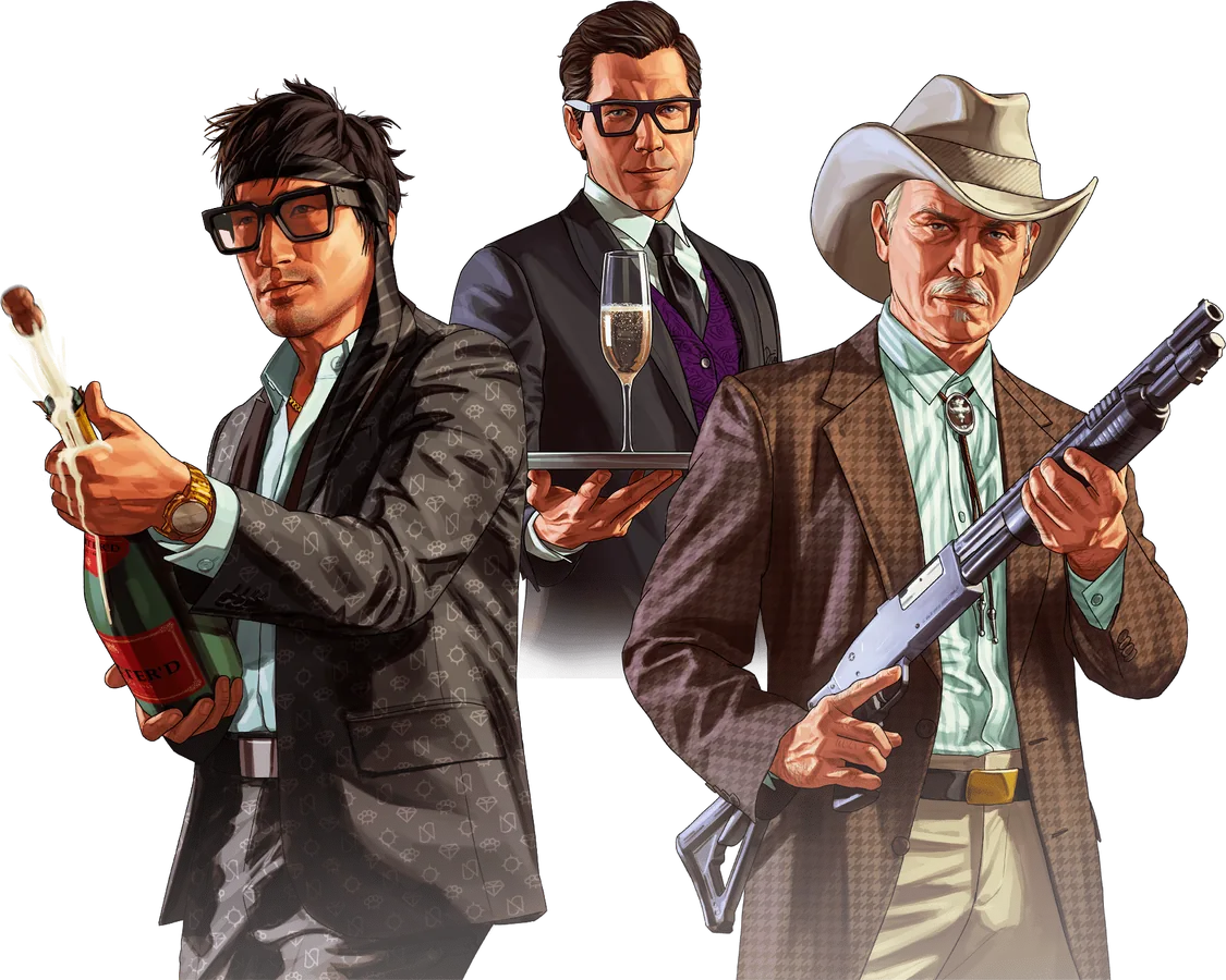 Three gamblers standing over a Dead Man's Deal table, one holding a shotgun