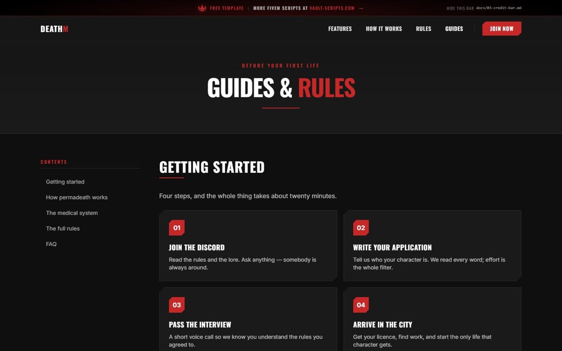The guides page: a sticky sidebar beside an injury table and the server rules