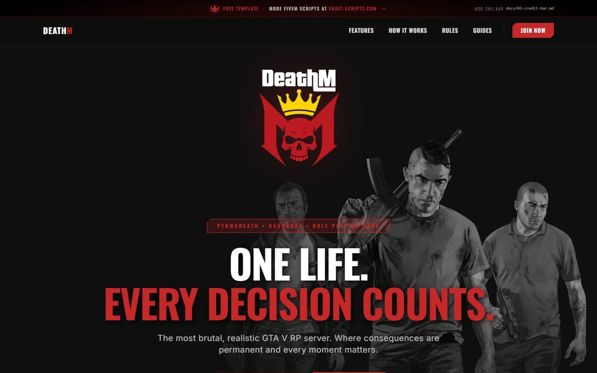 The DeathM template landing page: a dark red hero with a floating logo and a permadeath headline