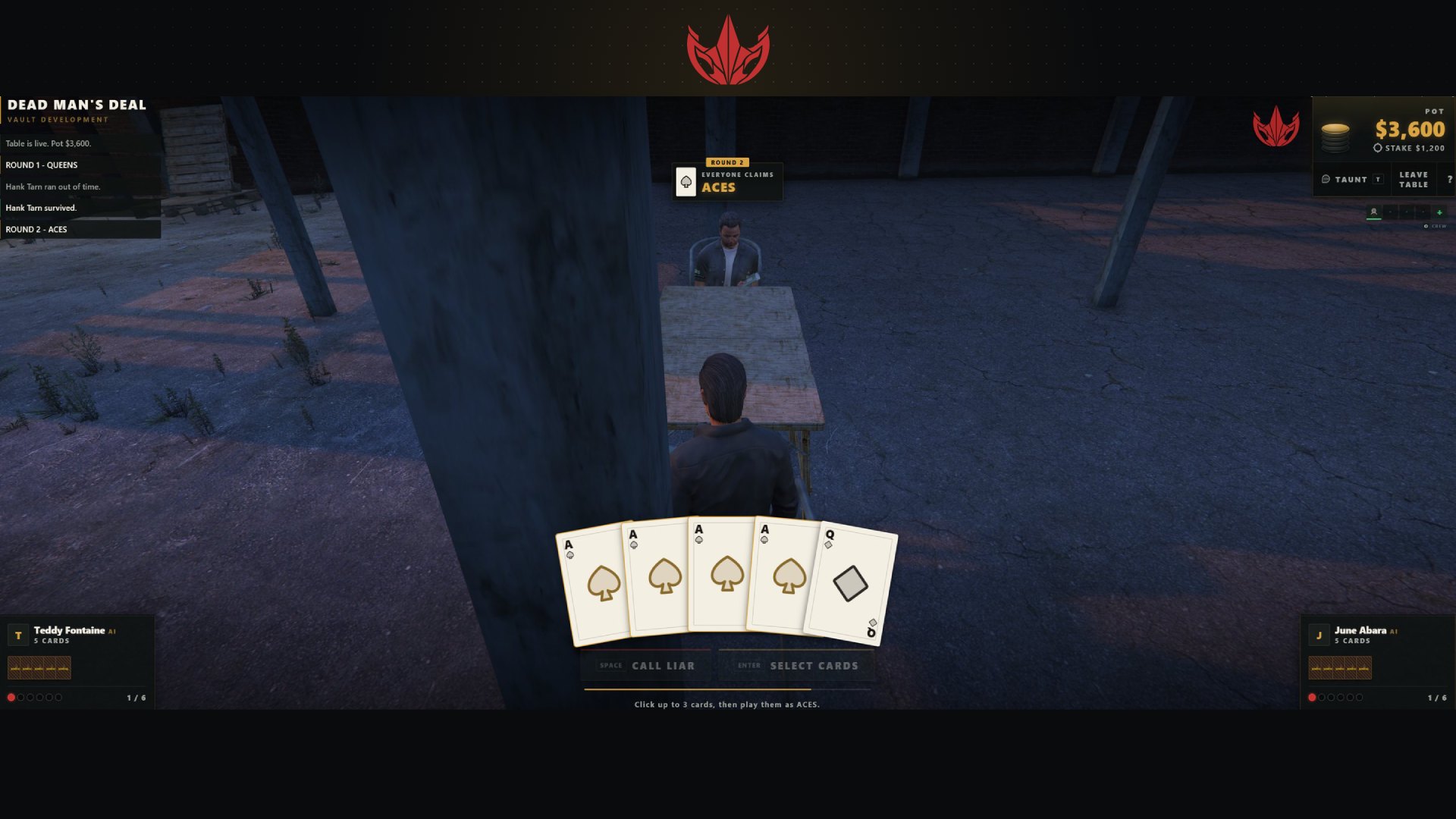 Three players at a Dead Man's Deal table